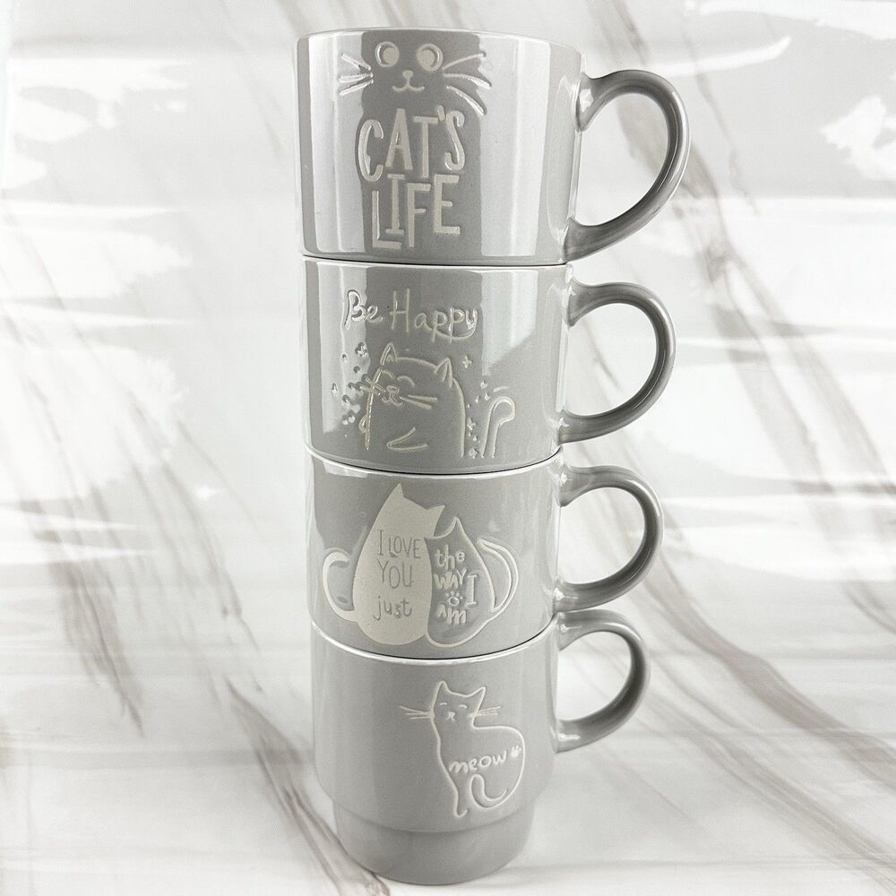 Cat's Life Signature Housewares Stoneware Stacking Coffee Mug Tower 4 Gray Cups